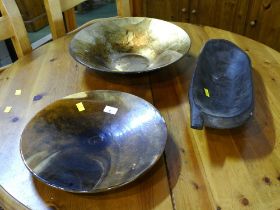Three ornamental table centre bowls, ceramic, glass and wood,