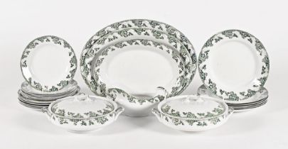 A quantity of Victorian dinnerware, in green floral transfer ware pattern including tureens,