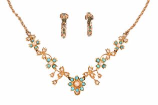 A 9 ct gold turquoise and seed pearl necklace, with matching earrings converted from a ring.