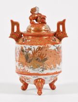 A Kutani Koro, the lid with lion finial and the body decorated with fans and peacocks,