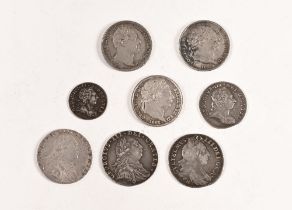 Eight Georgian silver coins, 1772 2 pence coin, 1780 threepence coin, three sixpence coins 1816,