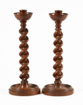 A pair of large oak twist stem candlesticks. 36 cm high.