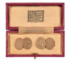 A pair of 9 ct gold cufflinks in original case, engraved DBG. Weight 8.4 grams.