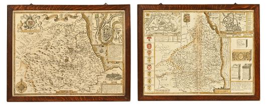 Two John Speede maps, The Bishopric of Durham and Northumberland, 17th/18th century, later coloured,