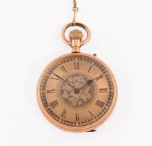 An 18 ct gold cased continental foliate engraved fob watch, with plated dust cover.