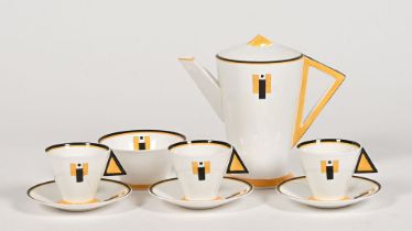 A Shelley Art Deco Vogue pattern coffee pot, together with three cups, saucers and sugar bowl,