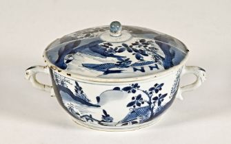 A Chinese blue and white two handled lidded bowl. Overall height 9.