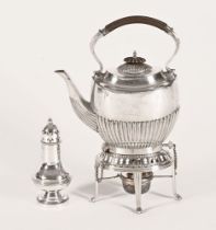 A Victorian silver plated kettle on stand, by Walker & Hall and a plated sugar caster.
