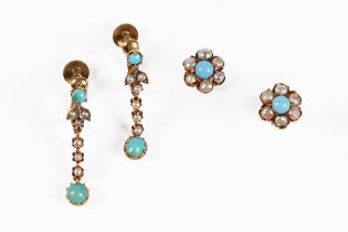 A pair of turquoise and seed pearl ear studs,