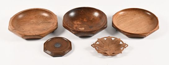 William Bailiff three signed Treen wooden bowls and a teapot stand,