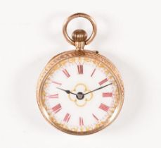 A late 19th century continental 14 ct gold fob watch, knob wind and with ceramic dial,