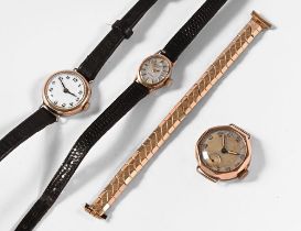 Three ladies 9 ct gold cased wristwatches, oval Rotary and two others and one with plated bracelet.