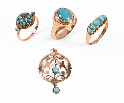 A Collection of gold and turquoise set jewellery, pendant 9 ct, 1.