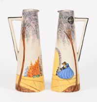 A pair of Sudlow Art Deco pottery jugs, depicting crinoline ladies. Height 29 cm.