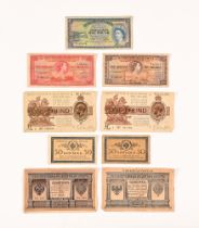 Nine bank notes, Bermuda £1 note, 10 shilling note and 5 shilling note all 1957,