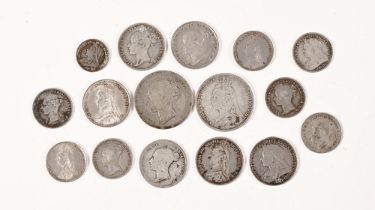 Sixteen UK silver coins, two Victorian shillings 1872 and 1890, six Victorian sixpence coins 1843,