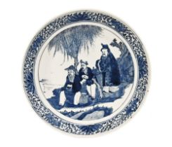 A Chinese blue and white dish, decorated with three figures. diameter 34.