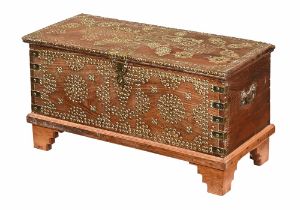 An antique Damascus chest studded and brass bound,