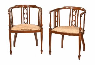 A pair of Edwardian inlaid mahogany tub chairs,