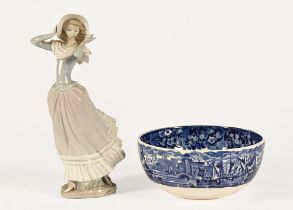 A Lladro figure, Spring Breeze, height 36 cm and a Wedgwood Ferrara blue and white patterned bowl.