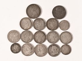 Fifteen Victorian silver British coins, 1849 florin, eleven silver shillings 1854, 1868, 1874, 1882,