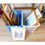 Two boxes of empty picture frames and pictures and prints