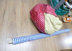 Assorted pairs of lined curtains and part roll of blue gingham fabric