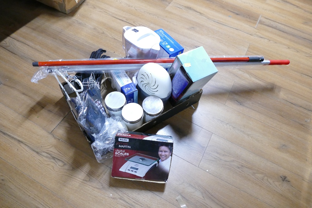 Box of water purifier, aroma lamp, James Martin kitchen scales, storage containers, coat hangers,