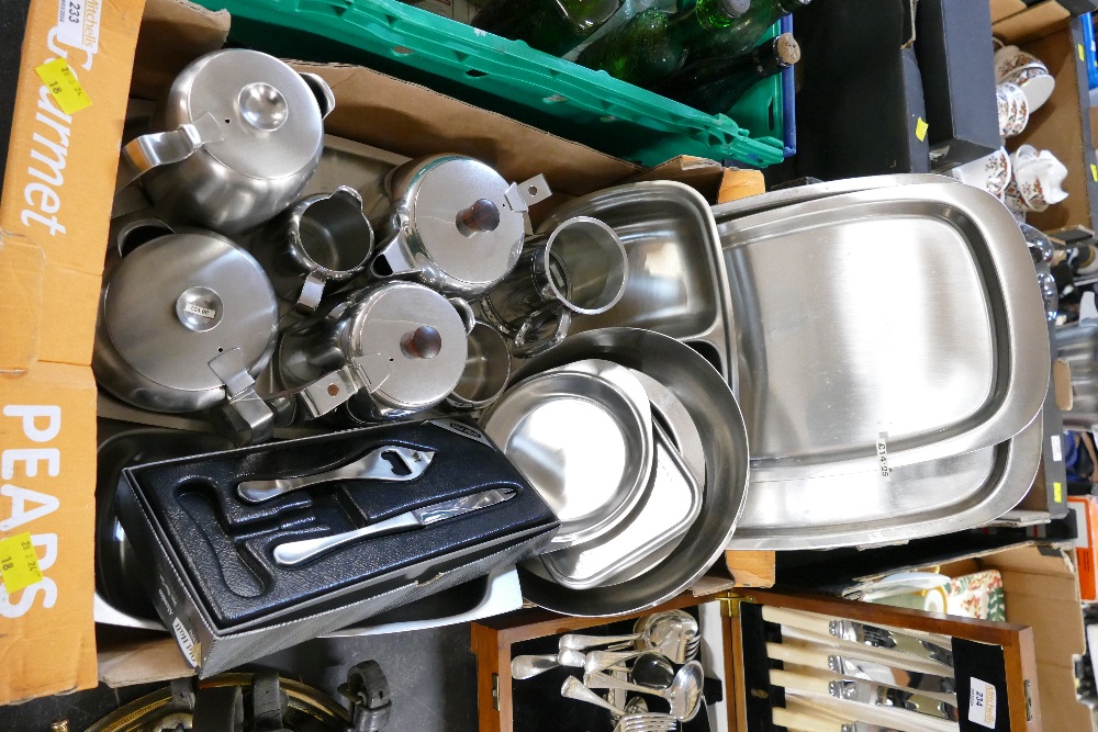 Box of Old Hall and other stainless steel dishes, serving plates,