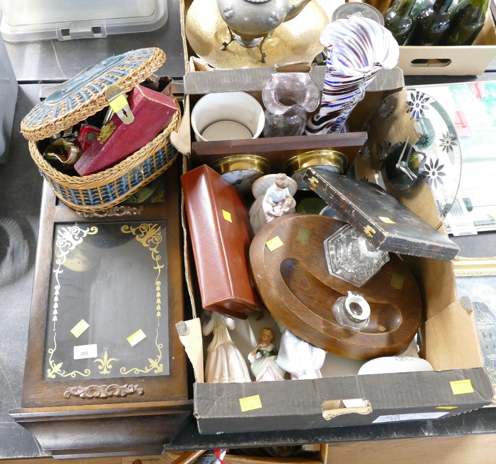 Box of figurines, clock and barometer, ink well set, cutlery,