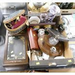 Box of figurines, clock and barometer, ink well set, cutlery,