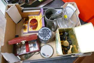 Carrs biscuit tin for Carlisle, chess pieces, glass vase, pewter tankard, collectors' spoons,