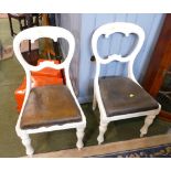 Two upcycled white painted Shabby Chic style balloon back Victorian chairs