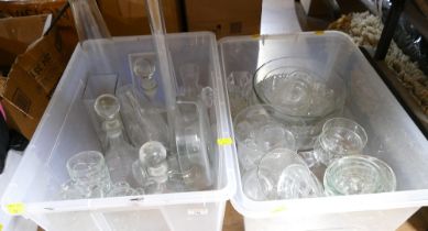 Two boxes of glassware, decanters, vases,