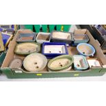 Box of shallow glazed pottery planters,