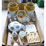 Stoneware jars, Lawson's Scotch Whisky tumblers, ceramic handpainted tortoise, bird ornaments,