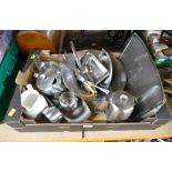 Box of stainless steel, meat dish, fruit bowl, tea set etc,