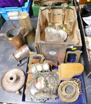 Box of Art Nouveau style hand beaten brass and copper jugs, candlestick holders,