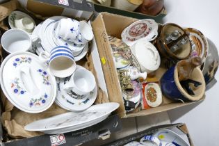 Two boxes of cups, saucers, plates, pottery vases,
