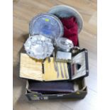 Box of silver plated dishes, butter knives, cutlery, Henry VIII replica coins, clothes brush,