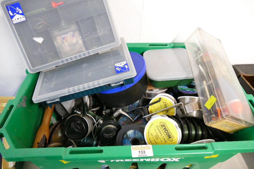 Box of fishing reels, fishing line, floats, tackle boxes,