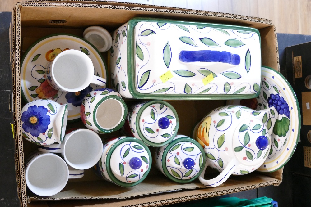 Box of Royal Norfolk fruit patterned kitchenware, ceramic bread bin, utensil jars, teapot,