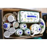 Box of Royal Norfolk fruit patterned kitchenware, ceramic bread bin, utensil jars, teapot,