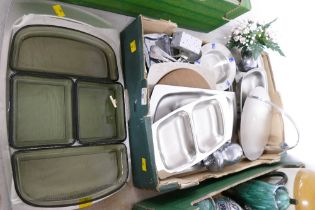 Box of Old Hall and stainless steel serving dishes, trays,