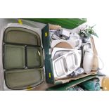 Box of Old Hall and stainless steel serving dishes, trays,