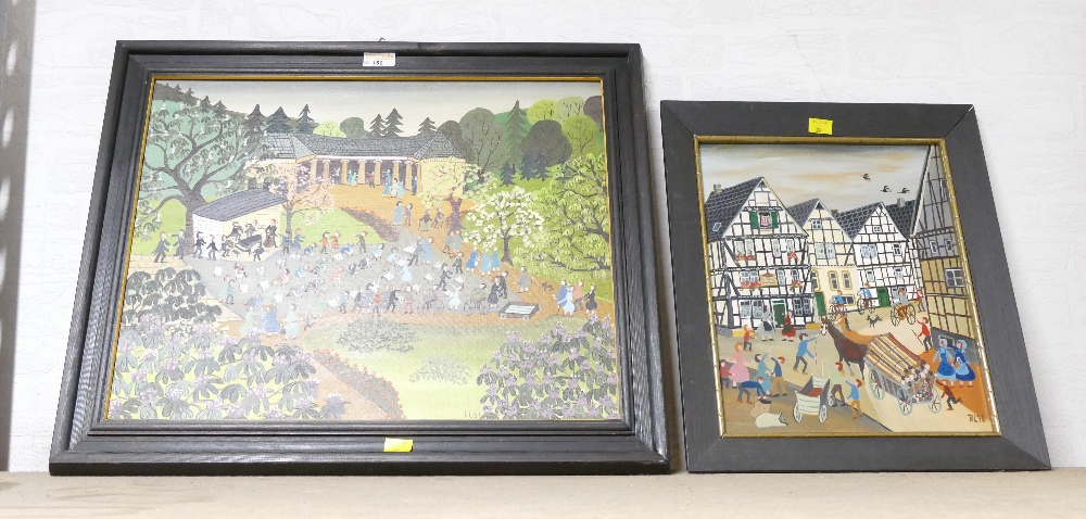 Two oils on canvas by Rosemarie Eicken-Lansiedel, park scene with band stand and street scene,