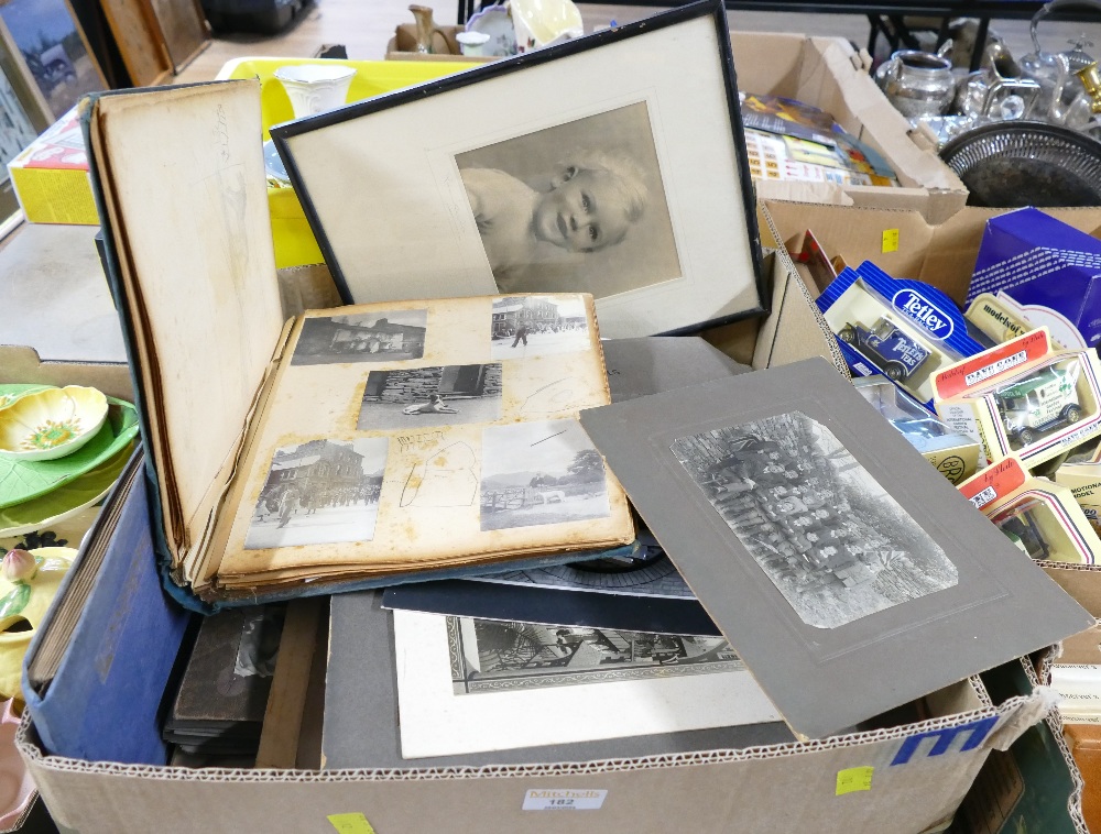 Box of vintage photo albums, photographs, holiday photos, school photos,