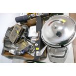 Box of Old Hall and stainless steel serving trays, dishes, jugs, gift ware egg and spoon set,