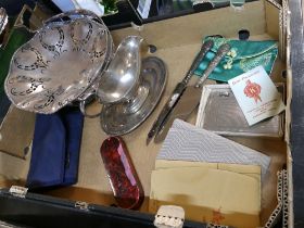 Plated ware bonbon dish presented in 1922, gravy boats, cake slice, King Craft combination lighter,