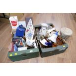 Two boxes of stoneware bottles, Toby jugs, Queen Mother Wade Whisky bell (empty), Poole dish,